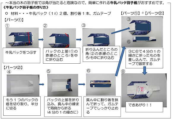 ～本当の木の羽子板では角が当たると危険なので、簡単に作れる牛乳パック羽子板がおすすめです。