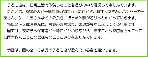 子ども達は、日常生活で体験したことを遊びの中で再現して楽しんでいます。