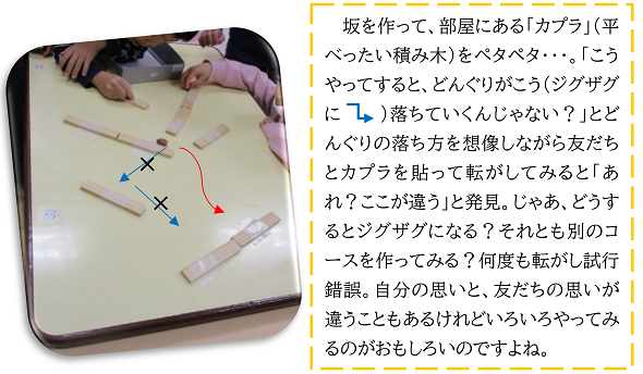 坂を作って、部屋にある「カプラ」（平べったい積み木）をペタペタ・・・