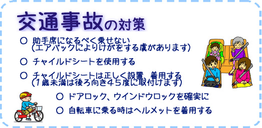 交通事故の対策　○助手席になるべく乗せない（エアバックによりけがをするおそれがあります）　○チャイルドシートを使用する　○チャイルドシートは正しく設置、着用する（１歳未満は後ろ向き４５度に取付けます）　○ドアロック、ウインドウロックを確実に　○自転車に乗る時はヘルメットを着用する